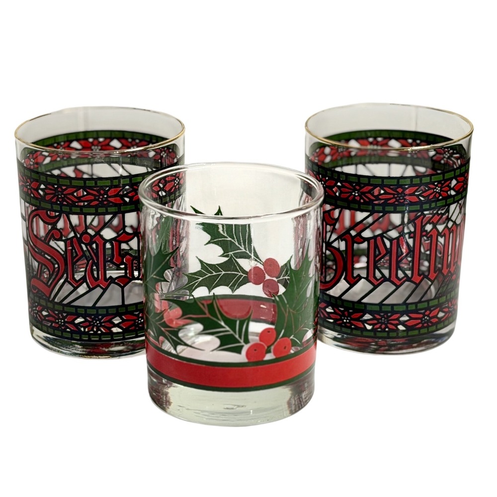 VTG Houze Seasons Greetings Glass Drink Tumbler Red Green Gold Rim Holiday Set
